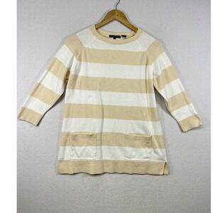 Jeanne Pierre Striped Cotton‎ Sweater Tunic Dress Pockets Beige White Medium